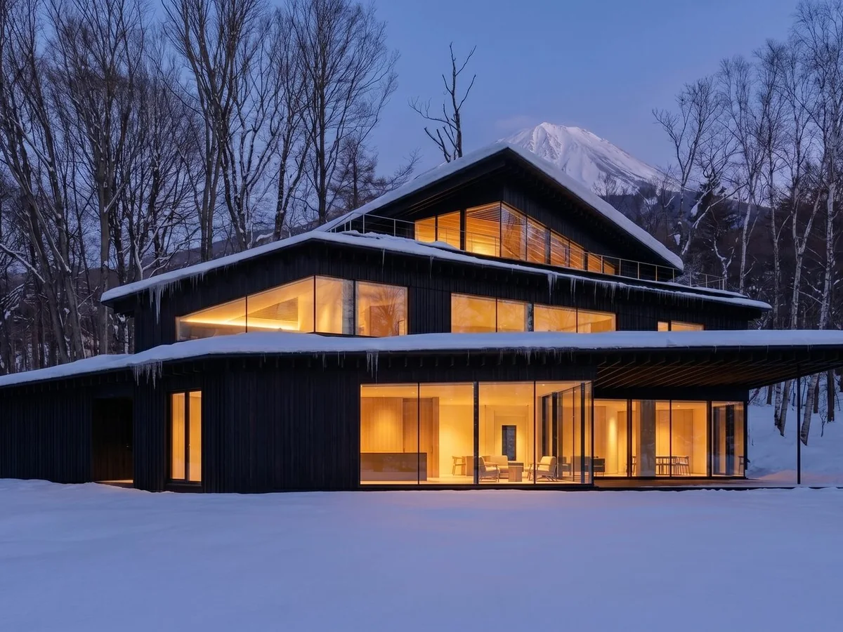 An alpine villa in snow at dusk