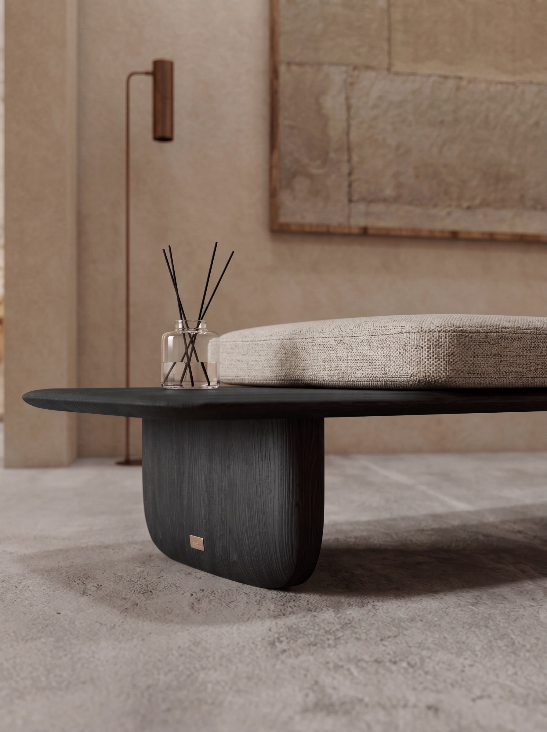 Kawa bench close shot — oak and upholstery meet